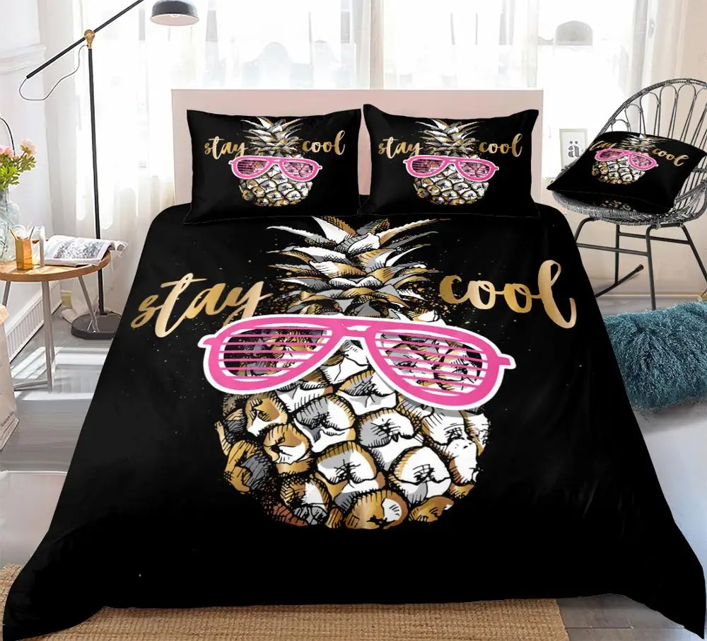 Gold Pineapple Duvet Cover Set Pineapple in Pink Grille Glasses Bed Set Black Bedding Queen Home Textiles Fruit 3pcs Dropship