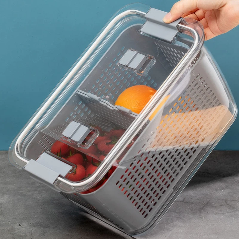 Kitchen Food Storage Basket Box Double-Layer Drain Crisper Plastic Refrigerator Fruit Vegetable Containers Lid Sealed Organizer