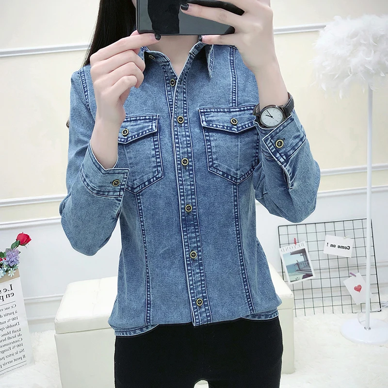 Nowe bluzki z długim rękawem Denim kobiety wiosna jesień nieformalne okrycie wierzchnie koszulka Jeans Femme Slim, niebieska bawełna wysokiej jakości Jean koszule