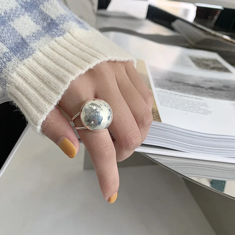 LIVVY Silver Color Large Ball Smooth Rings for Women Vintage Simple Handmade Opening Finger Fashion Jewelry Couple