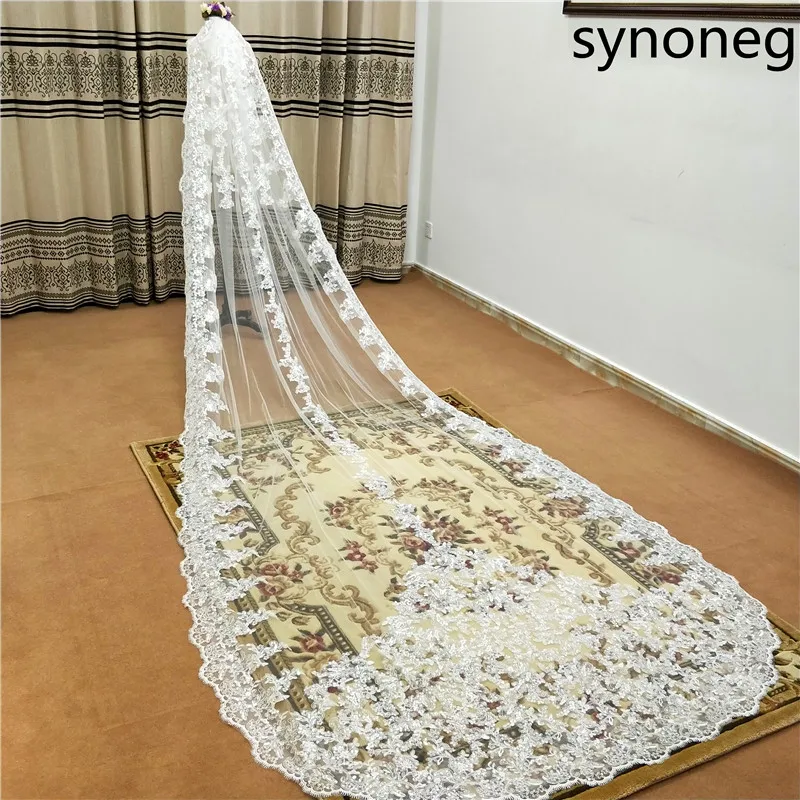 New sparkling beads Cathedral bride veil lace edge 1 layer with metal comb custom 5 meters long wedding