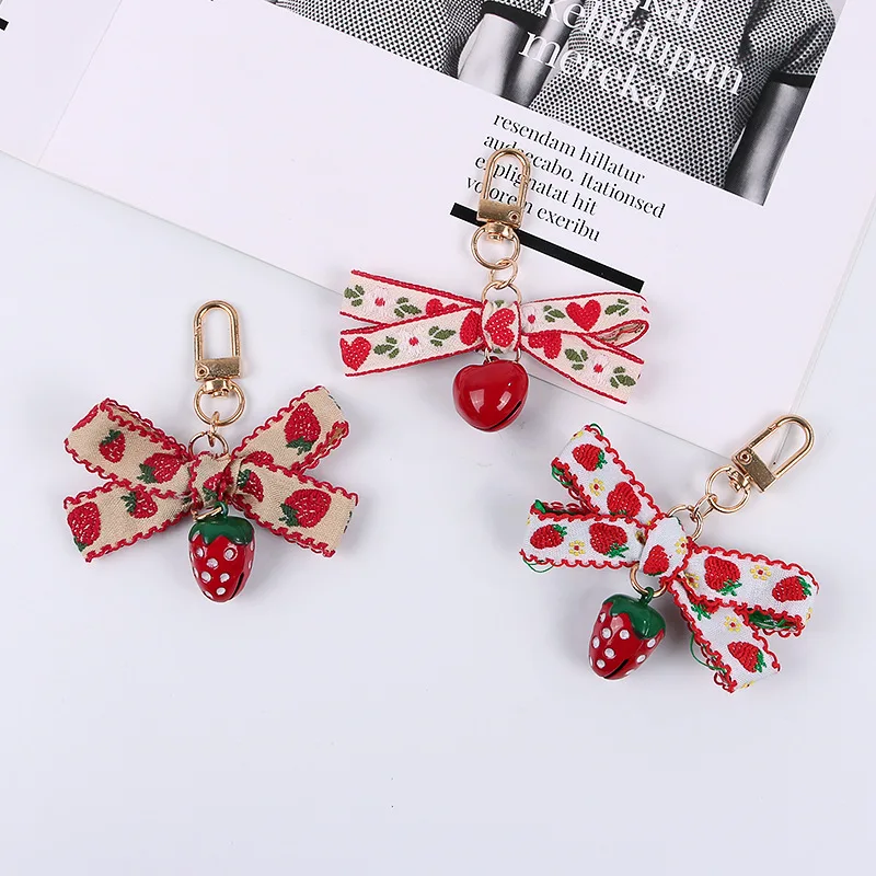 

1PC Lovely Ribbon Strawberry Keychain for Women Girl Jewelry Simulated Fruit Bowknot Cute Bag Car Key Holder Keyring