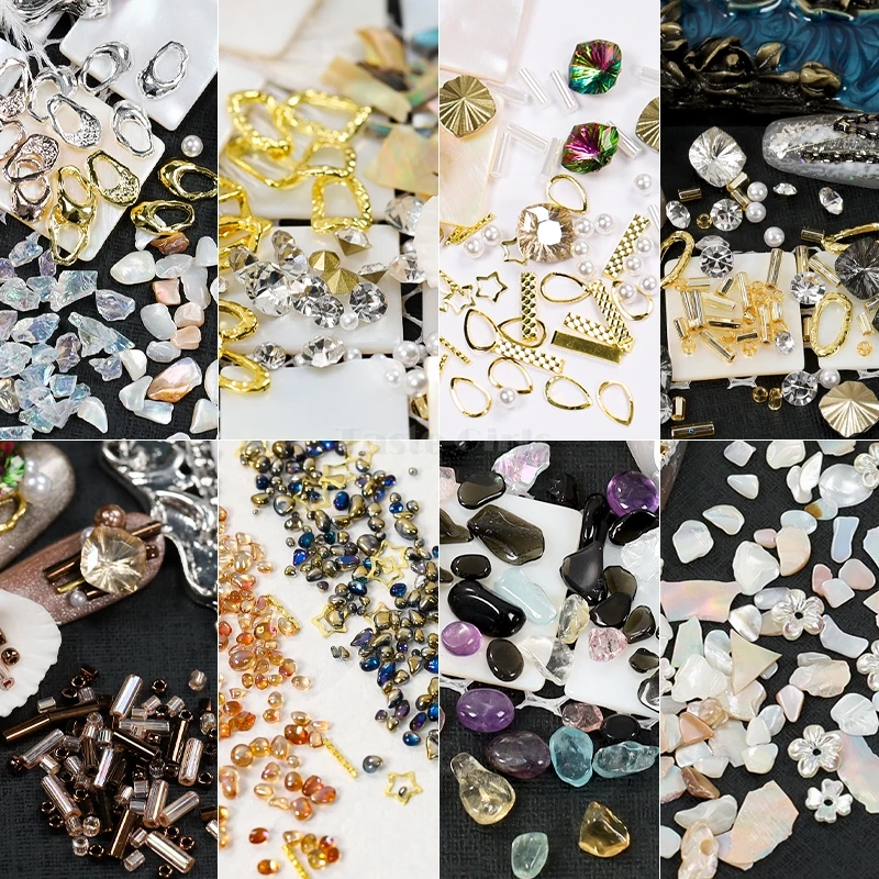 Mix 6 Bentuk Berbagai Paduan Kancing Bingkai Putih Mutiara Batu Permata Berlian Shell Serpih Kuku Seni Rhinestone Stiker Manikur Tips