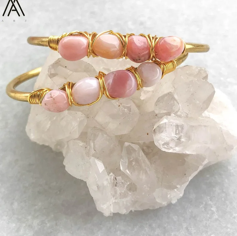 

Natural Pink Opal 6-8mm Beads Open Cuff Bangles Women Gold Copper Wire Wrapped Gem Stones Beads Bracelet Boho Jewelry BG009AMAB