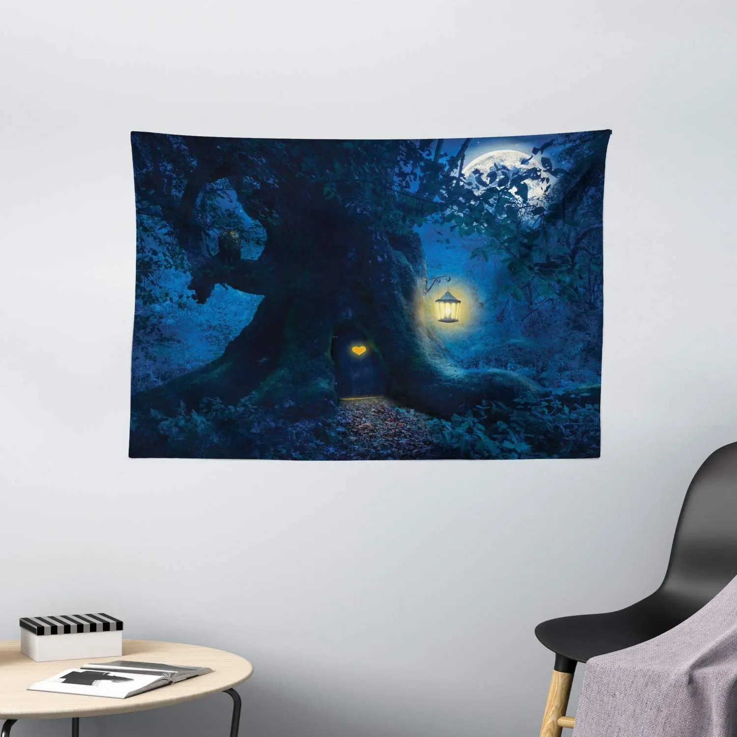 Fantasy Tapestry Night With A Little Home In The Trunk Of An Tree In The Woods Print Wall Hanging For Bedroom Living Room Dorm