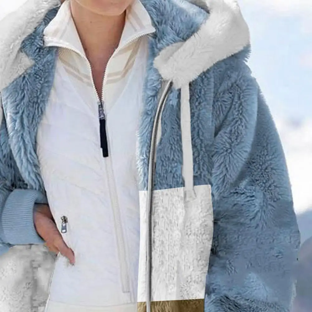 Zip Up Fleece Frauen Jacke 2022 Plüsch Faux Pelz Herbst Winter Patchwork Farbe Mit Kapuze Jacke Frauen Mantel Warm Verdicken