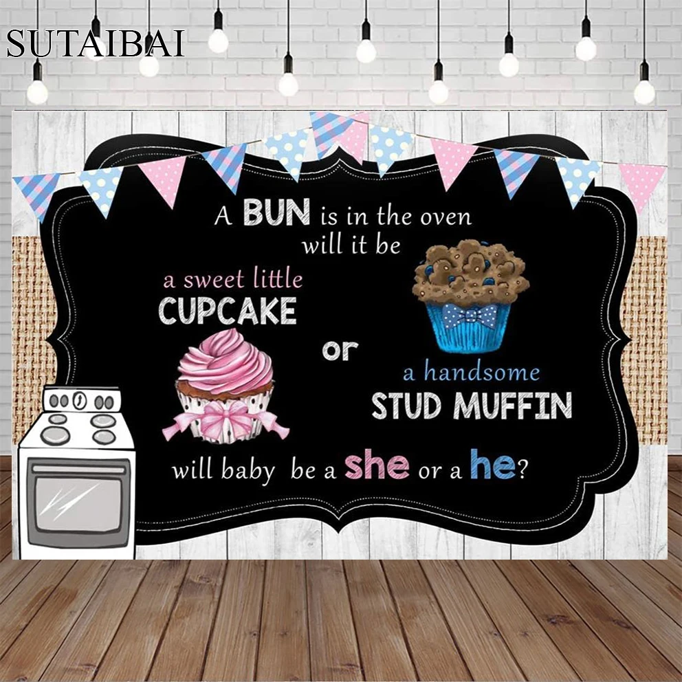 Cupcakes or Earrings Gender Reveal Baby Shower Background Cake Theme Party Banner Boy or Girl Blue or Pink Gender Background