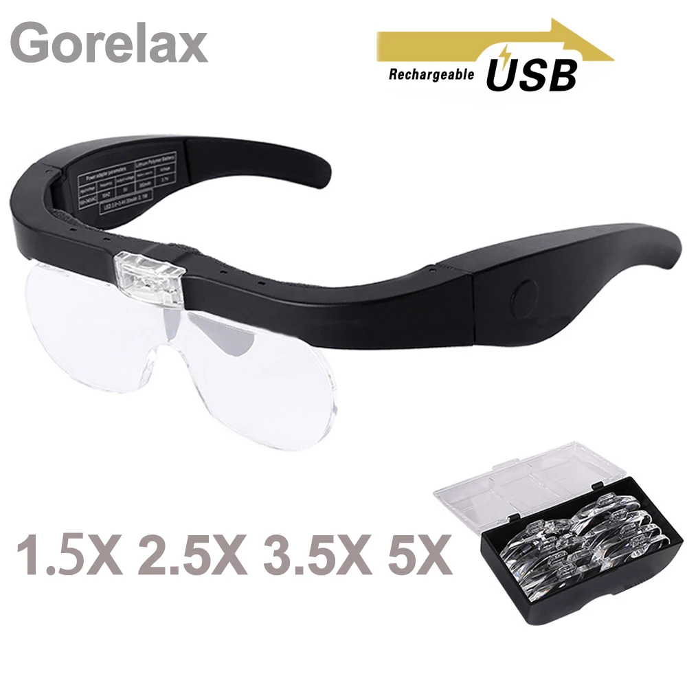 1.5X 2.5X 3.5X 5X Head Mount Glasses Magnifier, USB Charging Headband Magnifying Glass with 2 Led Lights Headset Magnifier Loupe