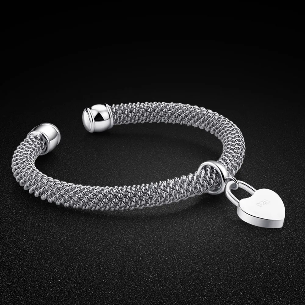 Fashion Woven Pattern Design Bracelet 925 Silver Heart Pendant Friend Open Cuff Bangle Bracelets Love Gifts Jewelry Female