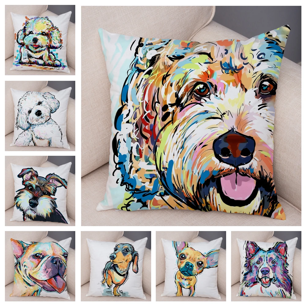 50 Style Cute Watercolor Pet Dog Pillow Case Decor Cartoon Animal Pillowcase Soft Plush Cushion Cover for Car Sofa Home 45x45cm