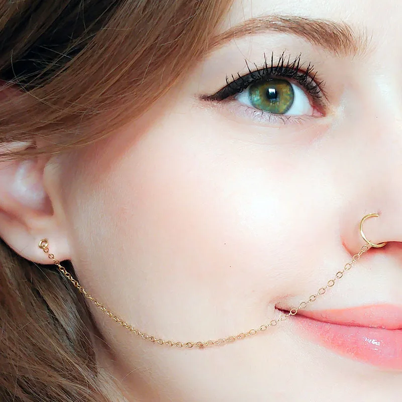 Retro Nose Ring Chain Earrings Hook Ring Round Nose Piercing Ear Bone Lip Rings Piercing Women Unique Body Jewelry