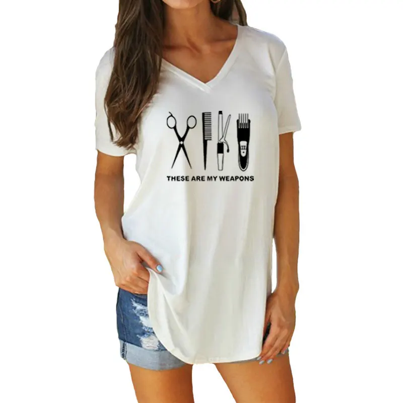 

Summer Women Hairdresser T Shirt Printed Barber Weapons Woman Scissors Girl Short Sleeve cotton V-Neck Tops Tees