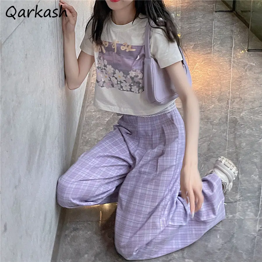 Women Set Short Sleeve Cropped Printing Top Loose Plaid Pants Summer Students Harajuku Hot Sale Leisure Chic Streetwear 2pcs Ins