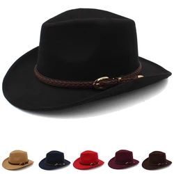 Men Women Woolen Western Cowboy Hats Wide Brim Panama Caps Outdoor Sombrero Travel Fedora Sunbonnet Party Adjustable Size M-L
