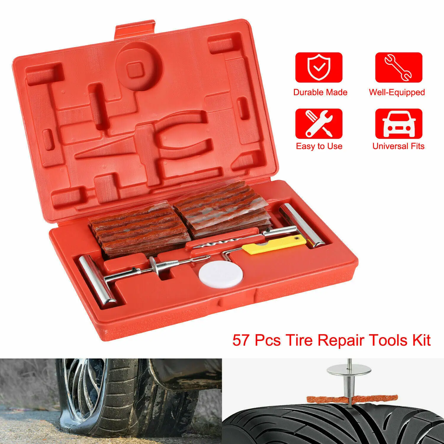 57pc Tire Repair Kit DIHY Flat Tire Repair Car Truck Motorcycle Home Plug Patch