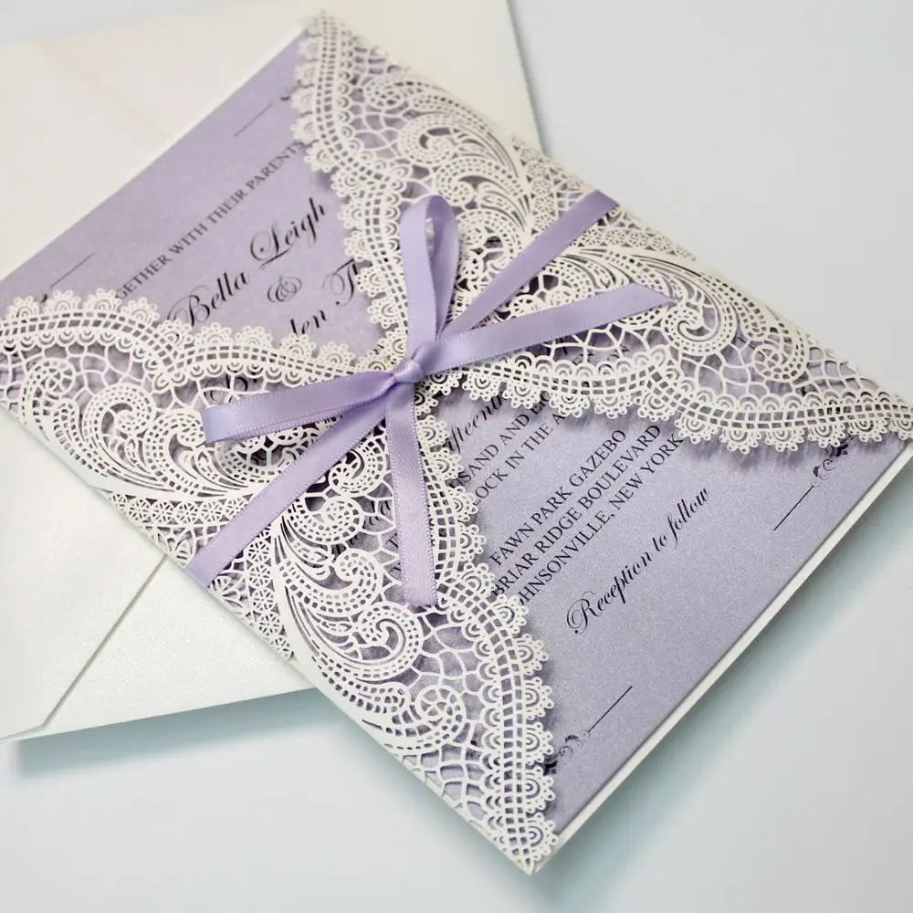 Lavender Purple Wedding Invitations Elegant Lace Wedding Invitations Customized Invitation Cards - Set of 50