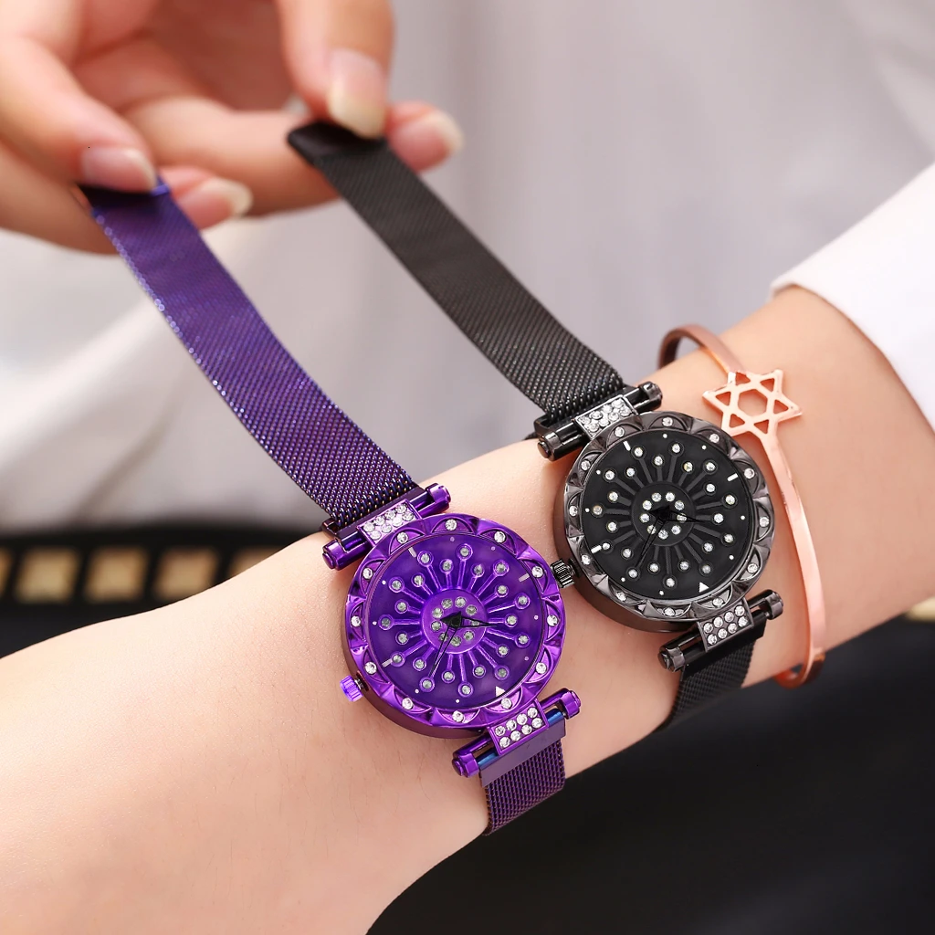 2020 Reloj Mujer Creative Whirling Women Watches Magnet Buckle Rotating DIamond Dial Quatrz Wristwatch Ladies Watches Best Gifts