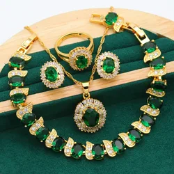 New Arrivals Gold Color Jewelry Sets For Women Wedding Green Zircon Bracelet Earrings Necklace Pendant Ring Free Gift Box 4PCS