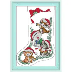 Kitten Christmas Stocking Cross zestaw do szycia DIY kreskówka zwierząt 14CT11CT płótno zestaw do haftowania robótki obrazy do dekoracji mieszkania