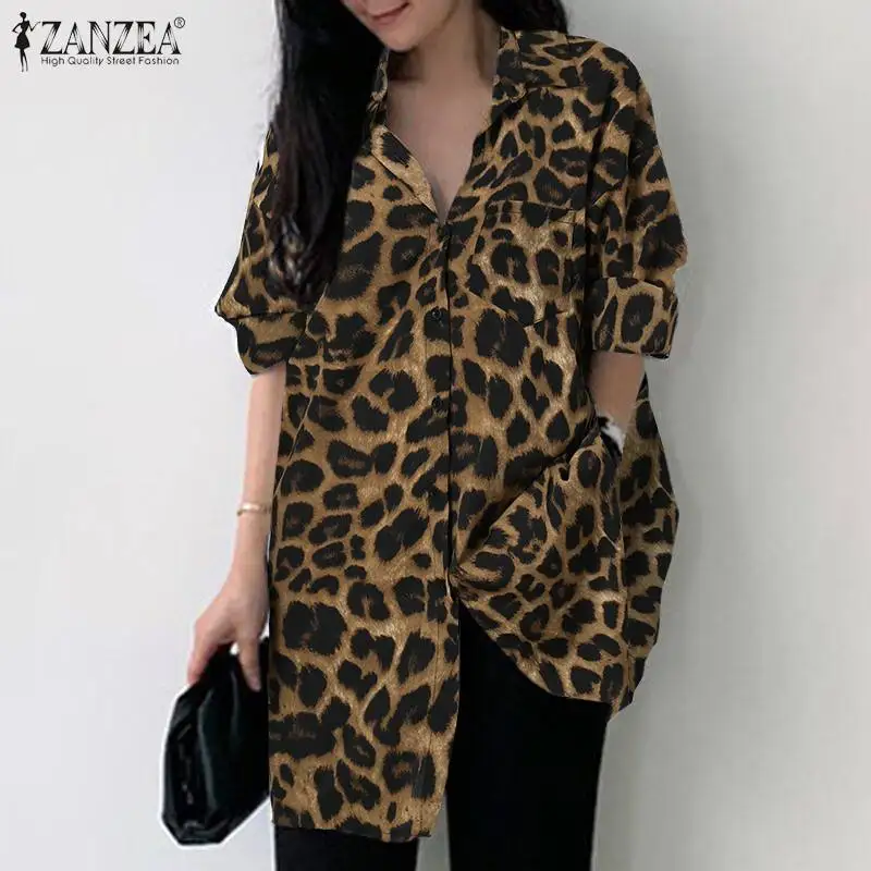 Frauen Casual Leopard Gedruckt Bluse ZANZEA Vintage Langarm Revers Hemd Herbst Urlaub Partei Chemise Übergroßen Tunika OL Tops