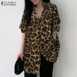 Frauen Casual Leopard Gedruckt Bluse ZANZEA Vintage Langarm Revers Hemd Herbst Urlaub Partei Chemise Übergroßen Tunika OL Tops