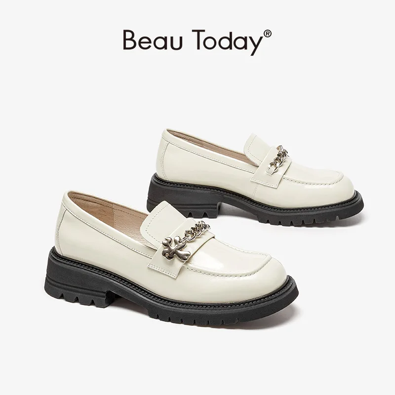 

BeauToday Loafers Women Genuine Cow Leather Round Toe Slip On Metal Chain Four Leaf Clover Decor Female Flat Shoe Handmade 26503