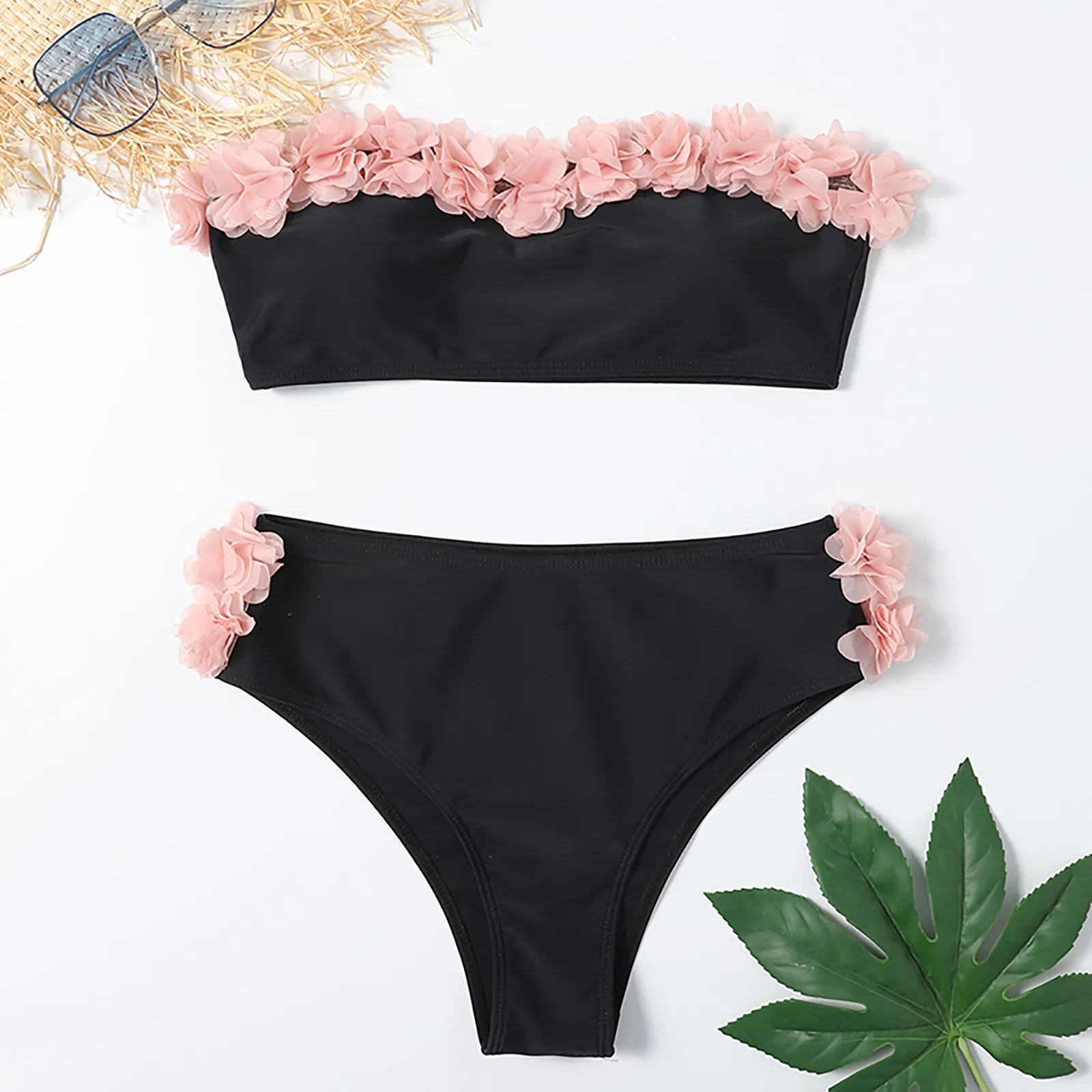 

Cute Women Flower Bikini Swimsuit Black Ruffle Hem Strapless Brief Bikini Two Piece Female Sexy Mid Waist Swimwear Bathing Suit