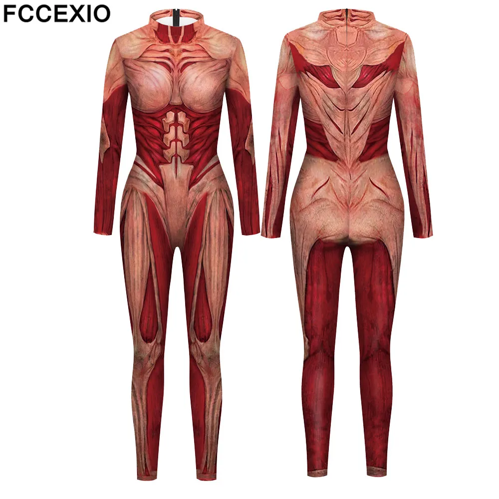 FCCEXIO Women Sexy Tight Jumpsuits Attack On Titan Annie Leonhart Cosplay Costume Adult 3D Print Muscle Bodysuits Party Catsuits