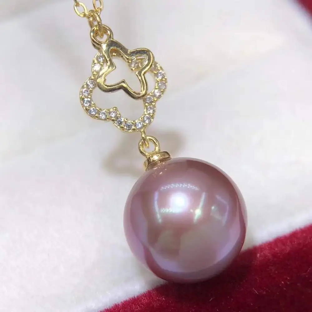 

D908 Pearl Pendant Fine Jewelry 925 Sterling Silver Round 11-12mm Nature Fresh Water Purple Pearls Pendants Necklaces for Women