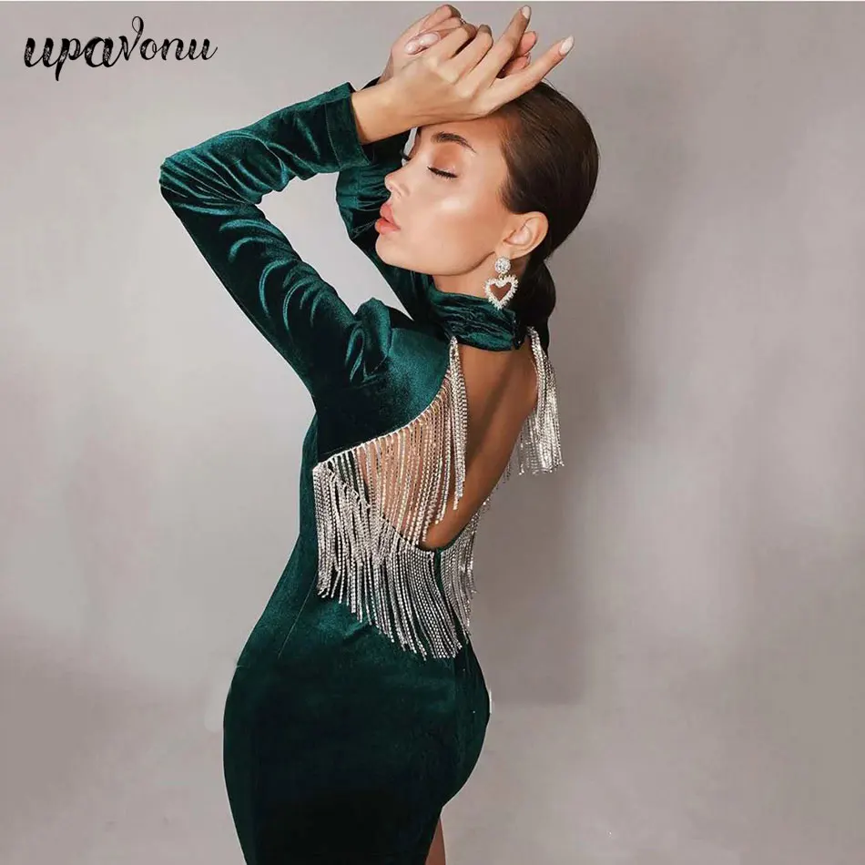 2024 High Quality Black Green Sexy Fashion Backless Diamonds Tassel Rayon Velvet Dress Evening Party Dresses Vestidos