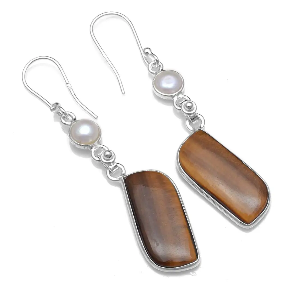 

Genuine Tiger eye 925 Sterling Silver Earrings, 54.4 mm, 2SE0487