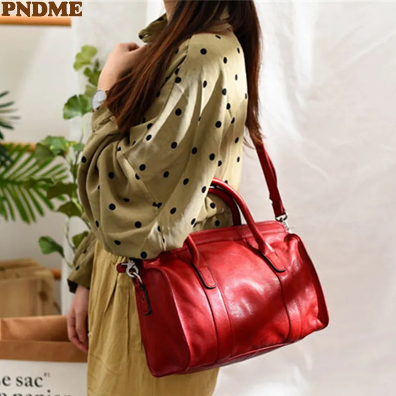 PNDME fashion retro natural genuine leather women\'s handbags casual luxury soft real cowhide large travel shoulder messenger bag