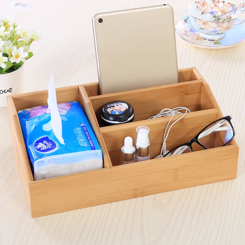 

Natural Bamboo Cosmetic Makeup Storage Box Paper Hand Towel Case Remote Control Cosmetic Bamboo Storage Organizer