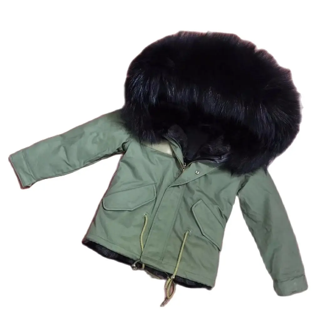 Fashion Army Green Casual Black Fur Lined Girls Winter Clothes Thickness Fur Family Style Wear