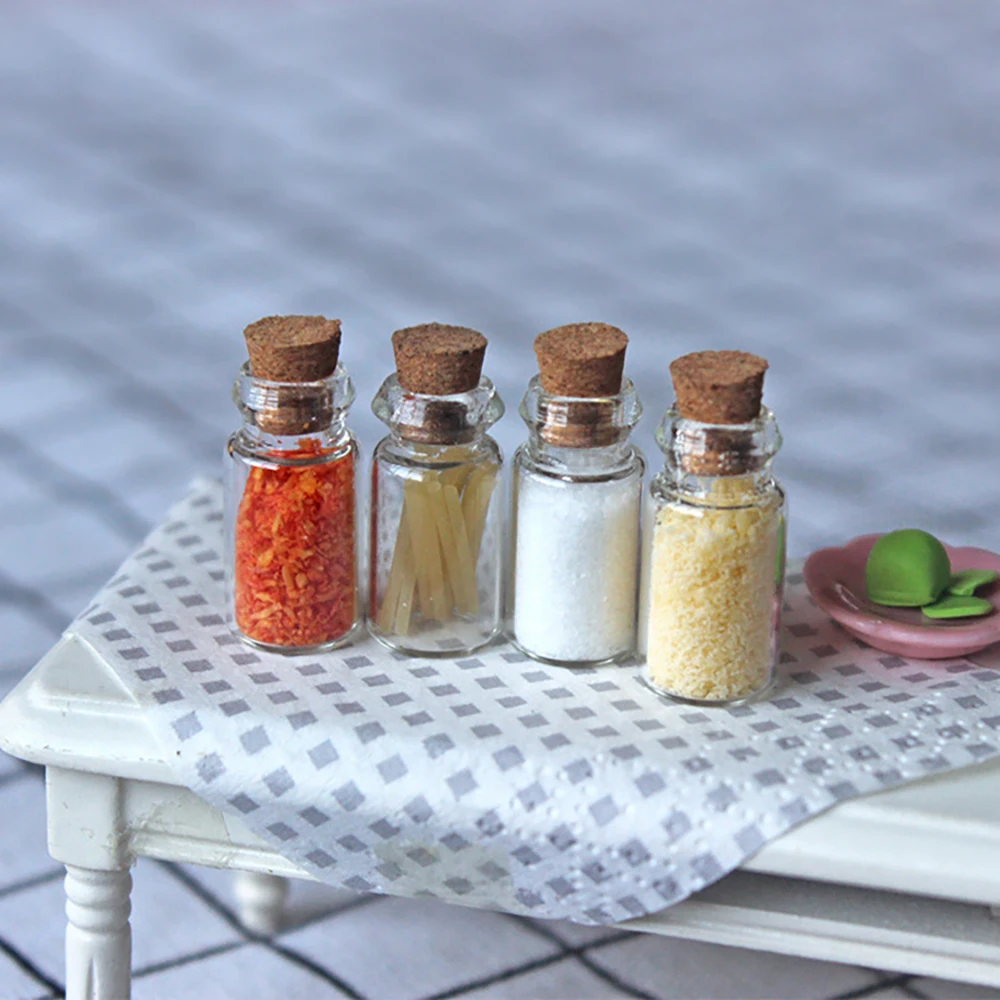 4Pcs 1/12 Dollhouse Miniature Accessories Mini Glass Seasoning Bottle Simulation Kitchen Food Model for Doll House Decoration