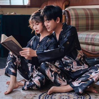 남성 및 여성용 새틴 여름 커플 잠옷 세트, 편안한 잠옷 세트, 데일리 스위트 나이트 웨어, 로맨틱한 연인 캐주얼 파자마 크레인 