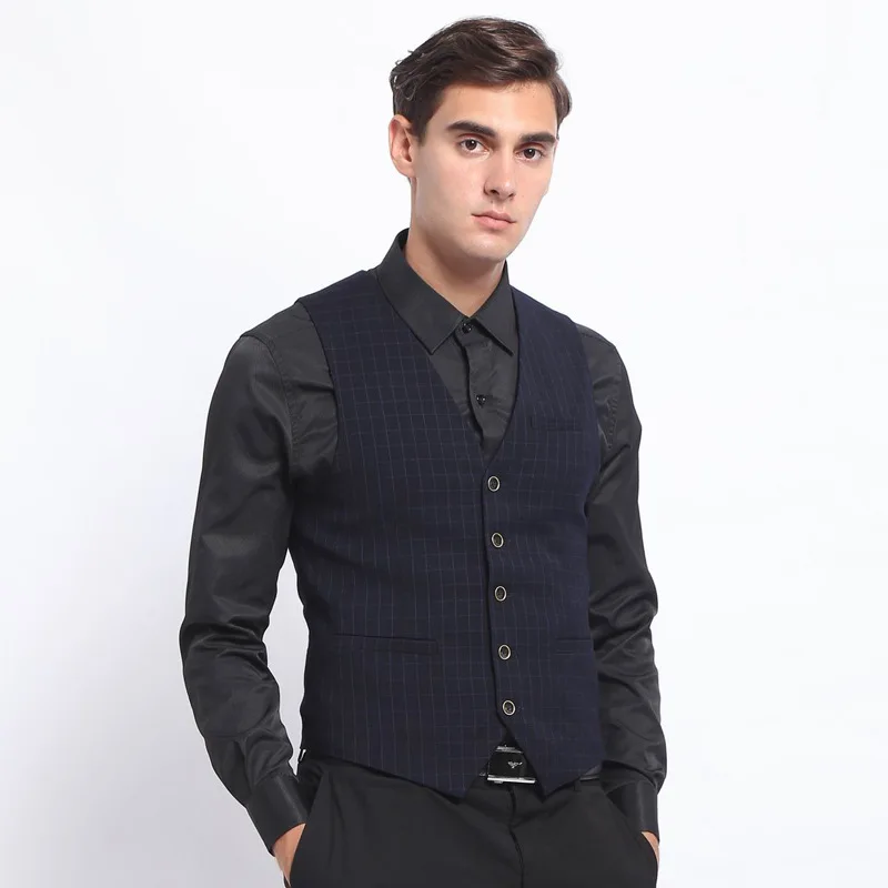 New Men's Plaid vest Navy Suits Vest Formal Business Slim Fit Modern Fit Waistcoat Groomsmen Coat For Wedding