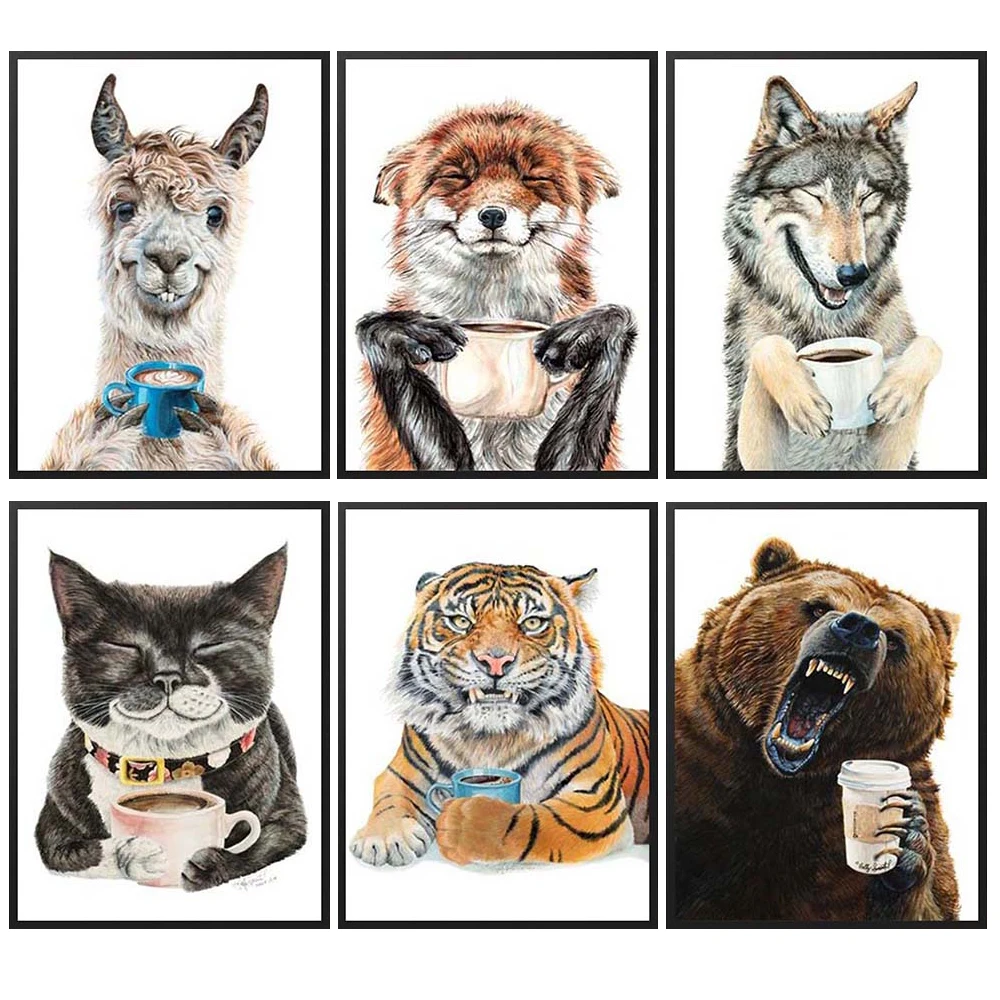 

Животные Кофе Кухня Тигр плакаты настенные картины для гостиной собаки дома скандинавский плакат настенное Искусство Холст Картина без ра...