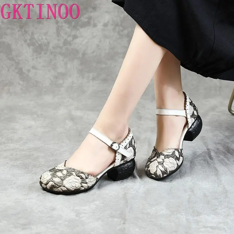 GKTINOO 2024 Summer Women Shoes Genuine Leather Women Pumps Handmade Comfortable Vintage Style High Heels sandals women sandalia