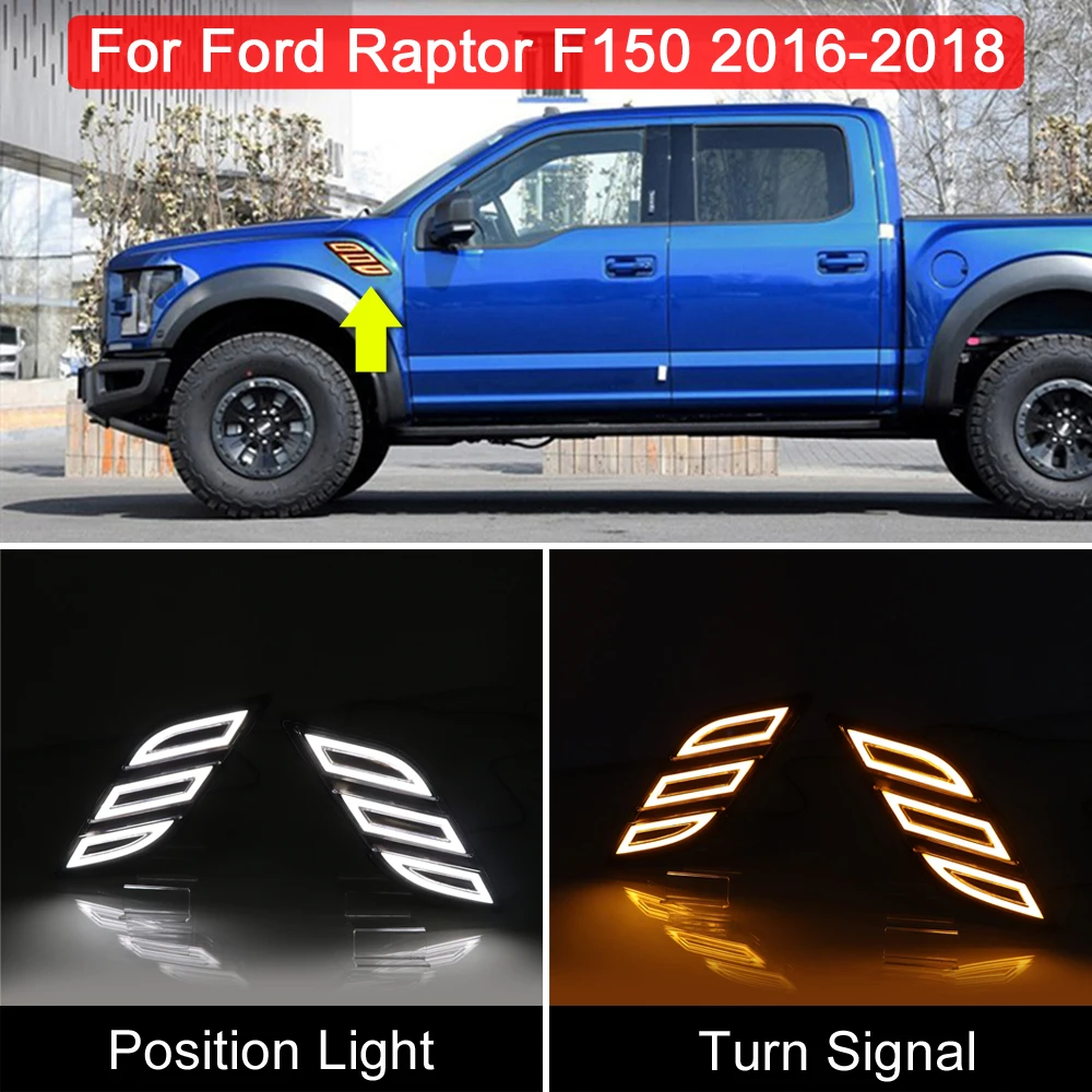 

LED Side Fender Marker Lamp For Ford Raptor F150 2016 2017 2018 Function Amber Turn Signal Light White Running Position Lights