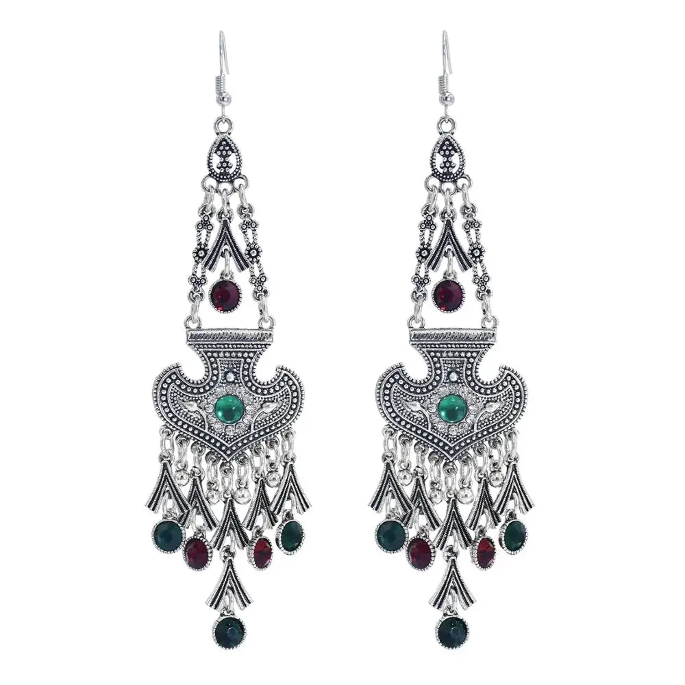 Afghan Oxidized Silver Color Metal Rhinestone Long Tassel Earrings for Women Boho Statement Jewelry Turkish Tribal Party Gift