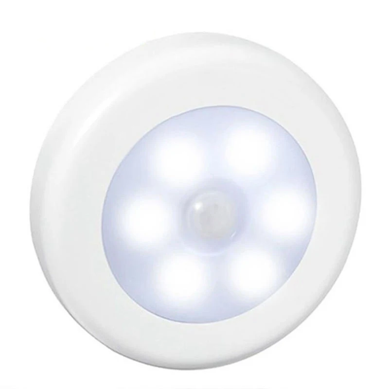 Luz LED redonda con Sensor de movimiento para debajo del armario, lámpara de noche alimentada por batería para dormitorio, cocina, escaleras,