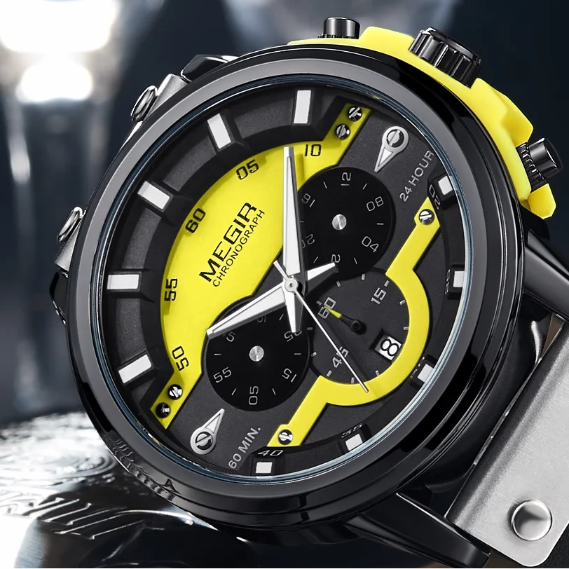 

MEGIR 24 Hours Chronograph Quartz Watches Waterproof Casual Leather Wristwatch for Man Luminous Hands Sports Watch 2080 Yellow