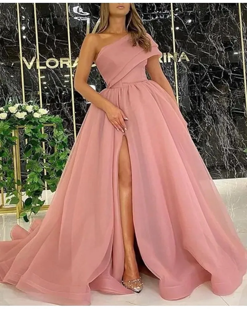 

A-Line Luxurious Pink Long Prom Dresses 2022 One Shoulder Pleats Split Robe De Soiree Vestidos Fiesta Evening Formal Gown