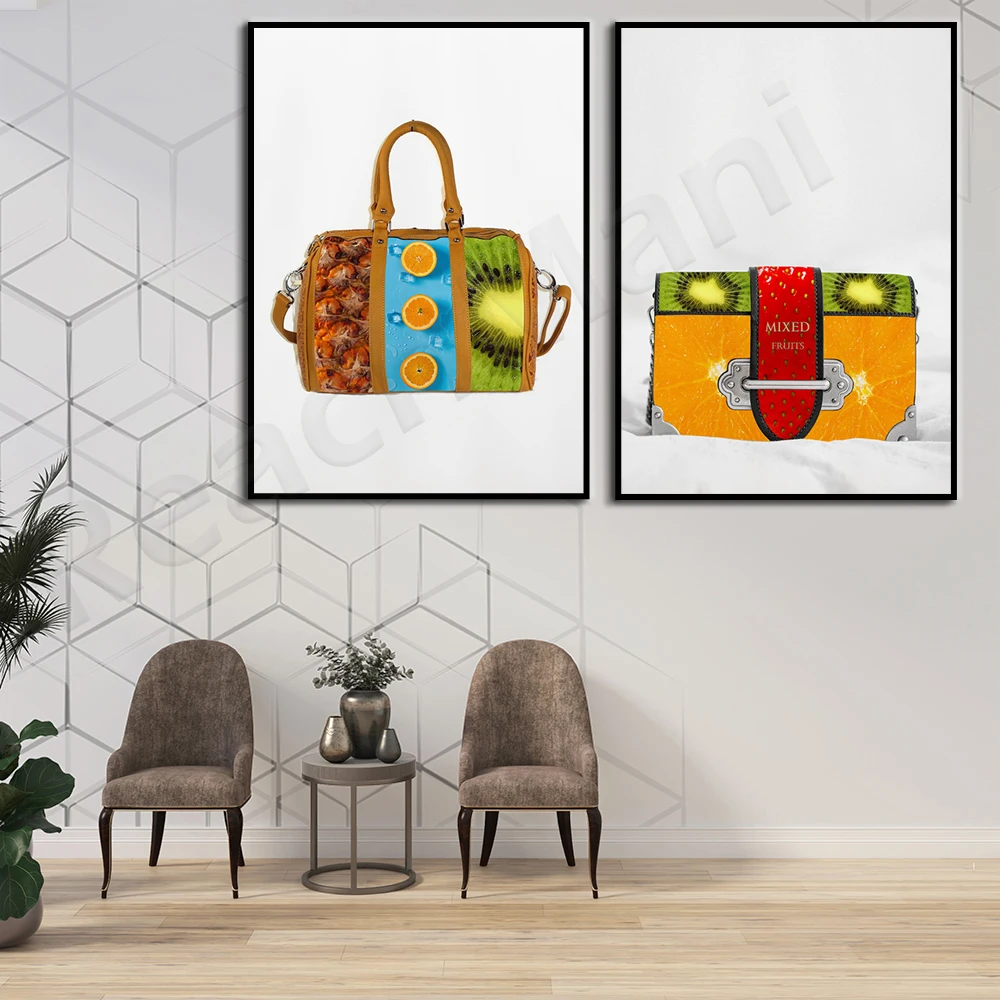 Mixed media art, fashion woman fruit bag, fruit mixed tropical art print, fashion accessory decoration poster