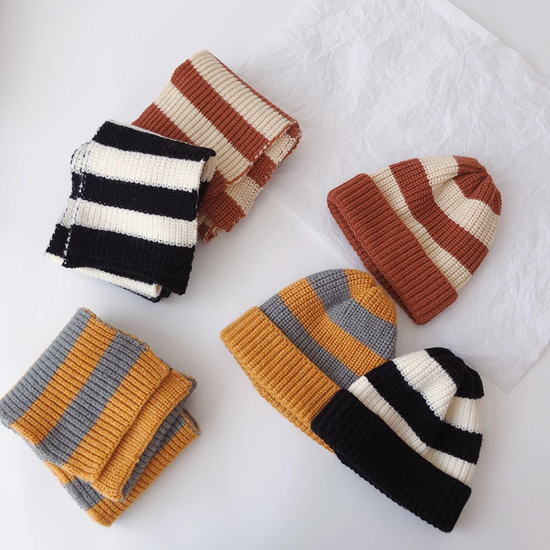 Autumn Winter Baby Hats Scarves 2 PCS Set Stripe Children Beanies Caps Kids Boys Girls Neck Scarf