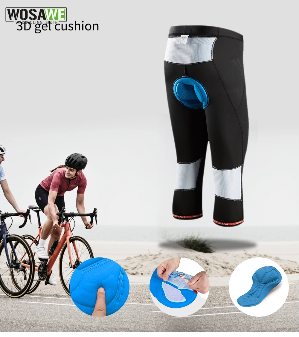 Wosawe Heren Fietsbroek Panty Reflecterende Rijfiets Kleding 3d Gel Gewatteerde Cropped Broek Mtb Draaiende Fietsbroek