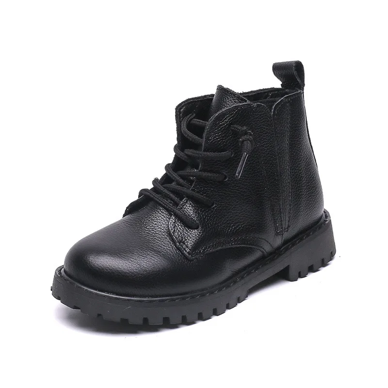 2024 autumn winter boys black boots children genuine leather short boots girls cotton boots baby winter warm shoes with cashmere