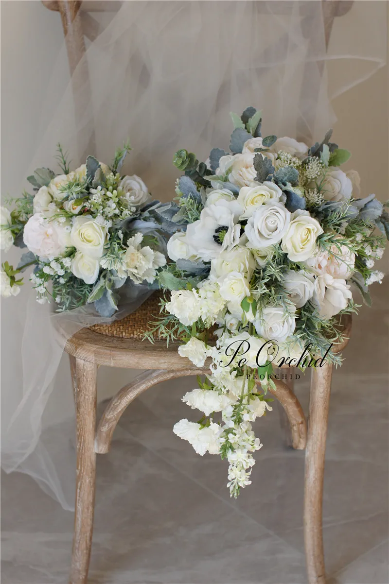 PEORQUID-Branco Cascading Bridal Flower Bouquet, Artificial Eucalyptus Roses, Bouquet De Casamento Para Noiva Fotografia, Luxo, 2022