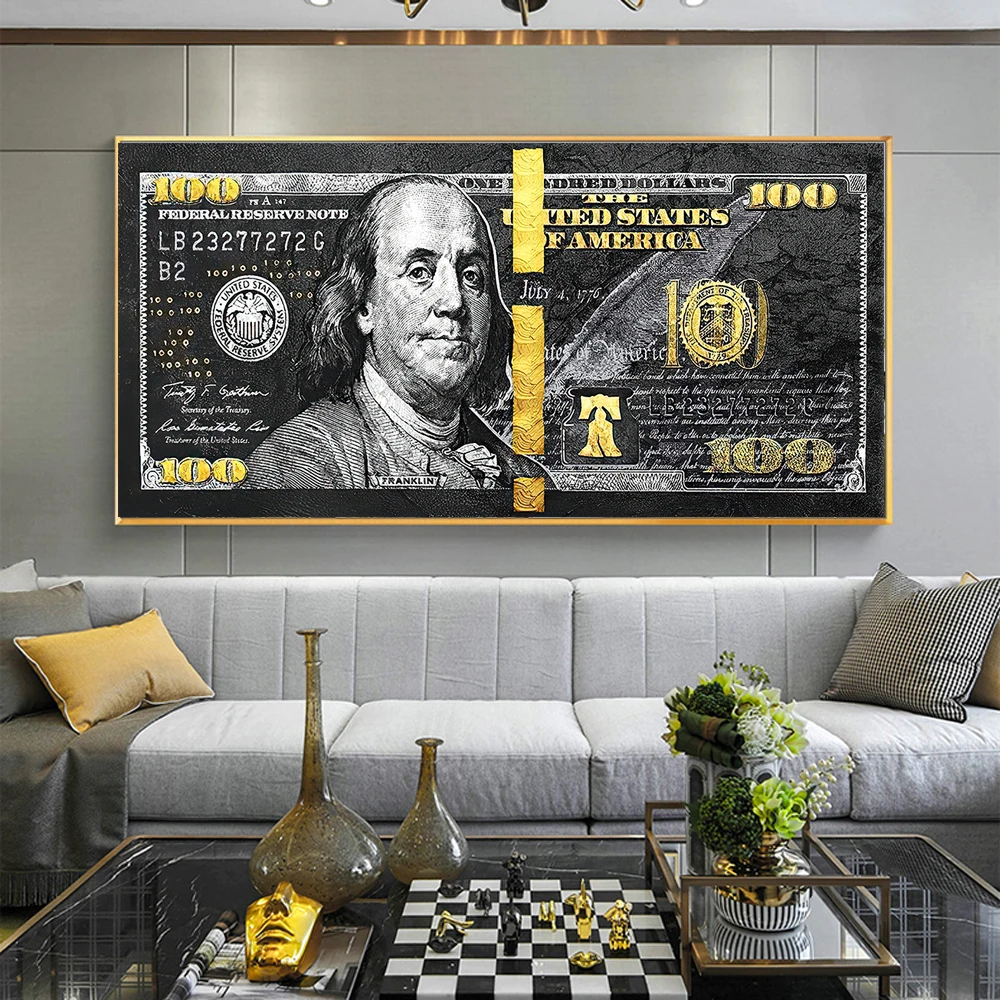 

Modern 100 Dollar Canvas Paintings on the Wall Art Posters and Prints Gold Ben Franklin Bill Premium Canvas Art Pictures Decor